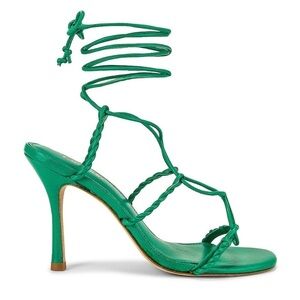NWB Larroude Kiki Ankle Wrap Stiletto Heels Sandals in Napa Green Leather, Sz 8